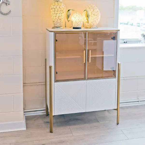 White Marble Effect 4 Door LED Storage Cabinet Gold Frame