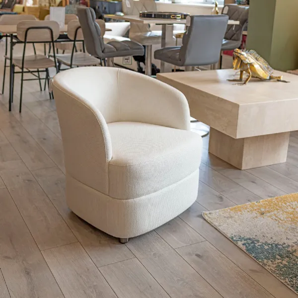Ivory Linen Fabric Curved Tub Chair Brown Wooden Feet