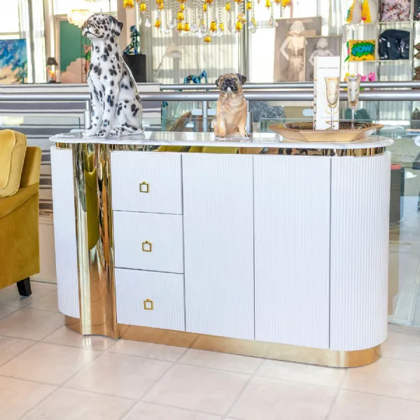 Creamy White Fluted 2 Door 3 Drawer Wide Sideboard Gold Trim