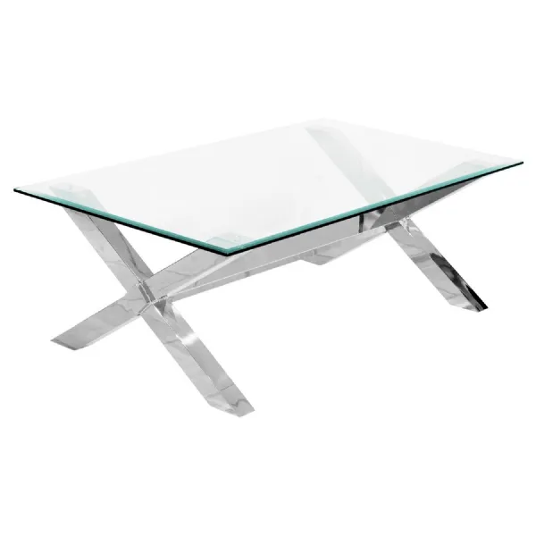 Clear Glass Rectangular Coffee Table Cross Chrome Steel Base