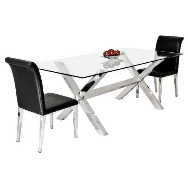Clear Glass Top 200cm Large Dining Table Steel Base