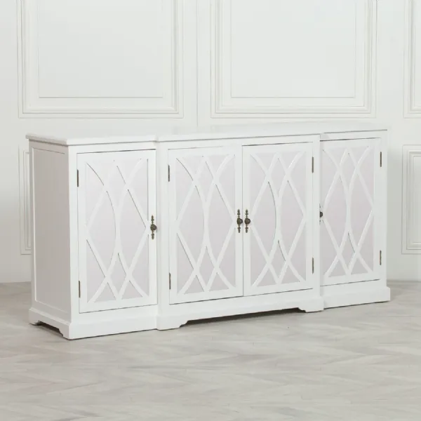 White Wood Mirrored Glass Large 4 Ornate Doors Sideboard