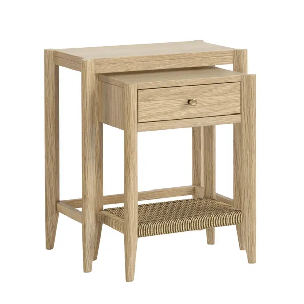 Natural Wood 1 Drawer Nest of 2 Tables Lower Woven Shelf