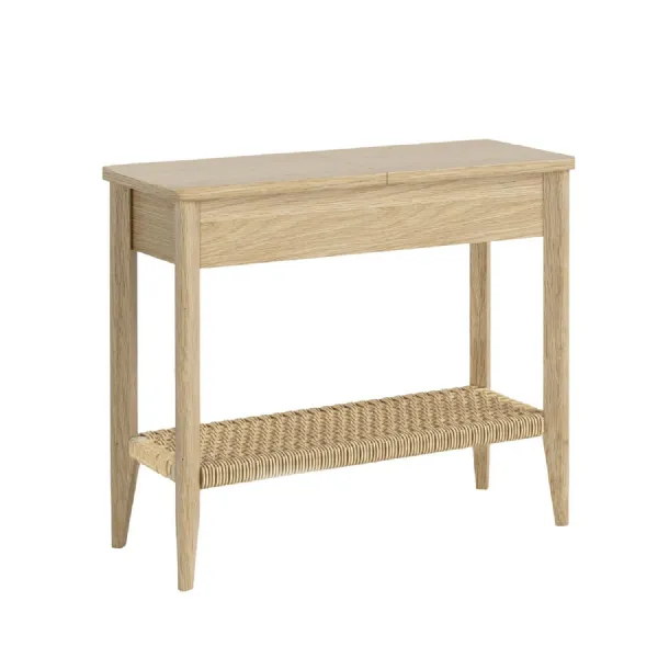 Light Oak Wood Sofa Side Table with Woven Shelf