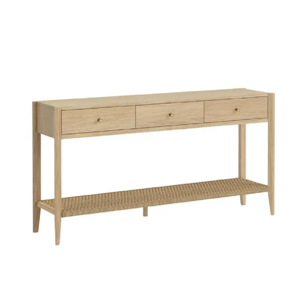 Light Oak 3 Drawer Large Console Table Woven Shelf