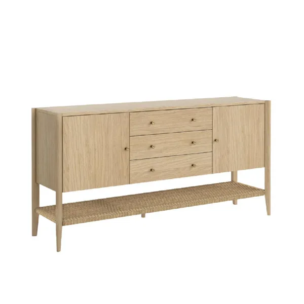 Natural Wood 2 Door 3 Drawer Large Sideboard Woven Shelf