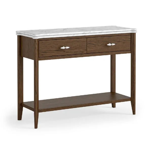 Dark Brown Oak 2 Drawer Console Table Marble Top and Shelf