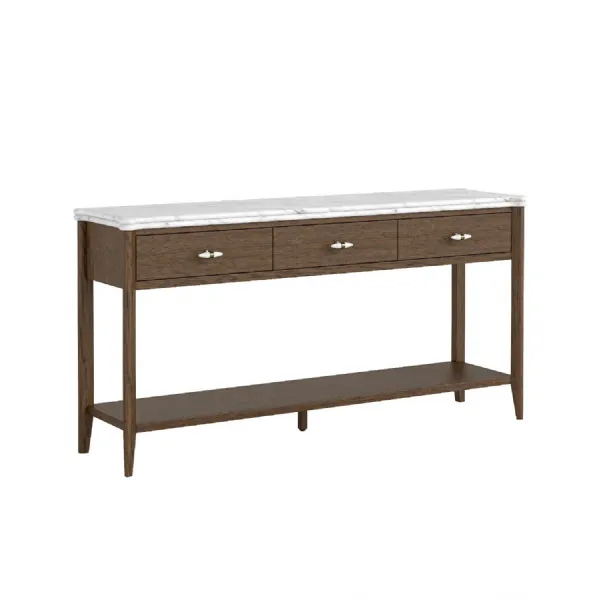 Brown Wood 3 Drawer Large Console Table Marble Top and Shelf
