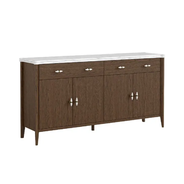 Brown Oak Marble Top 4 Door 2 Drawer Large Sideboard