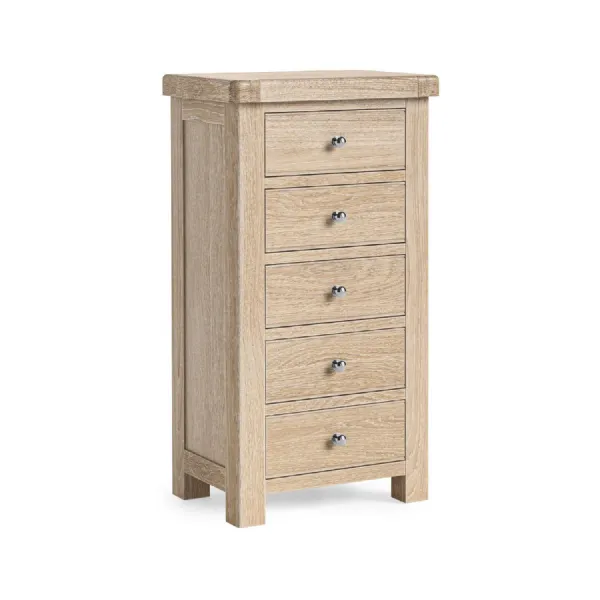 White Wash Wood Chest of 5 Drawers Tallboy