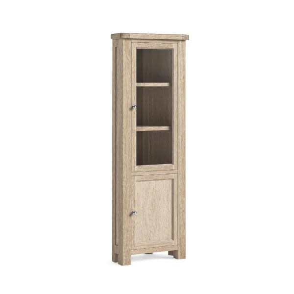 White Wash Wood 2 Door Tall Narrow Corner Display Cabinet