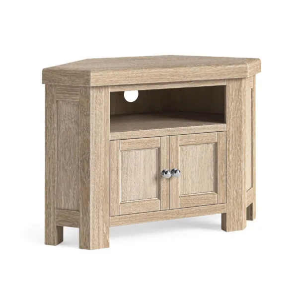 White Wash Wood 2 Door Corner TV Media Entertainment Unit