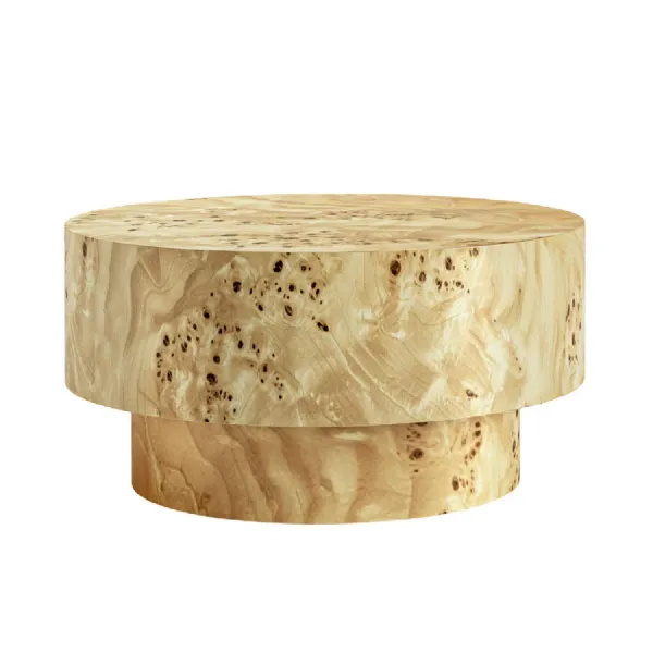 Brown Burl Walnut Wood Round Drum Coffee Table