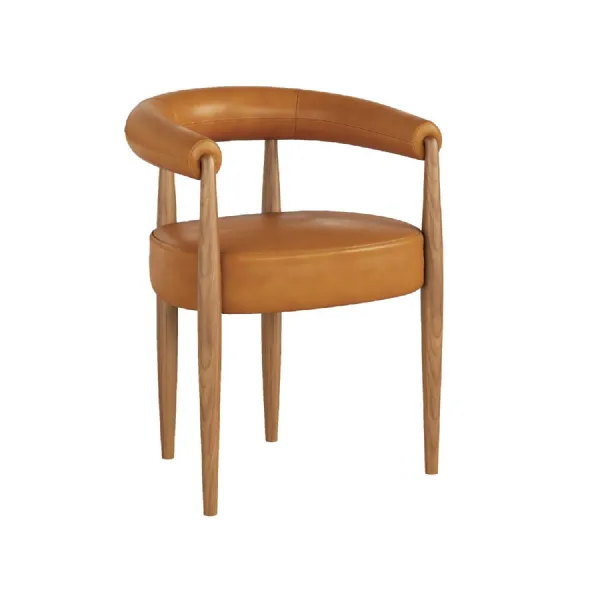 Tan Leather Effect Curved Back Dining Chair Wooden Framed