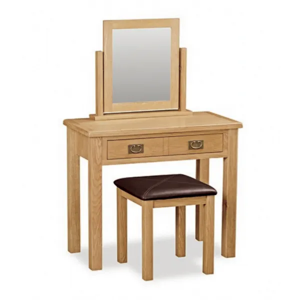 Oak 2 Drawer Dressing Table Set with Vanity Mirror and Stool