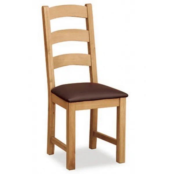 Oak Ladder Back Dining Chair Brown Leather Effect Seat