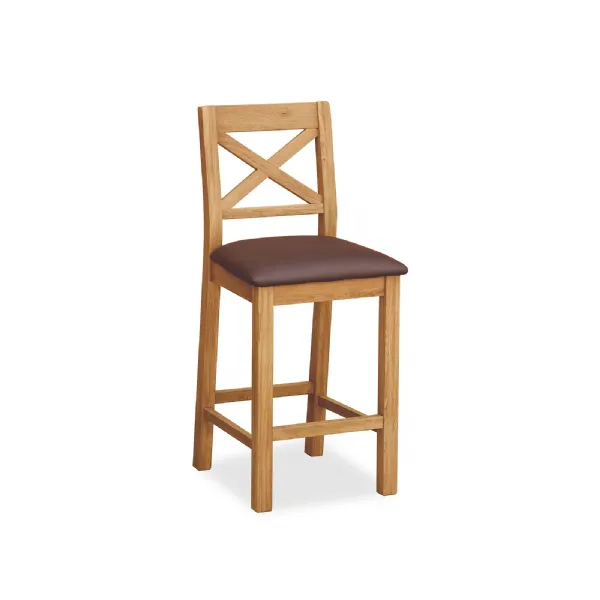 Rustic Oak Cross Back Kitchen Bar Chair Leather Effect Seat