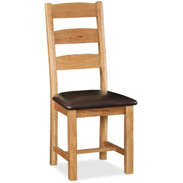Rustic Oak Ladder Back Dining Chair Brown Leather Seat