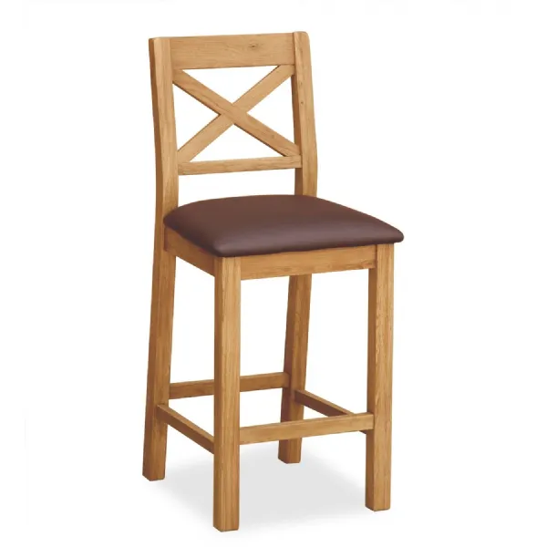 Rustic Oak Kitchen Bar Stool Brown Leather Effect Seat