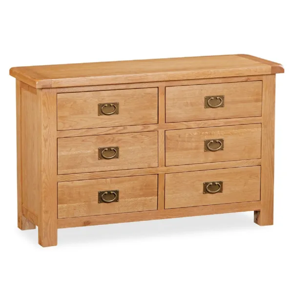Rustic Waxed Oak Wide Chest of 6 Drawers