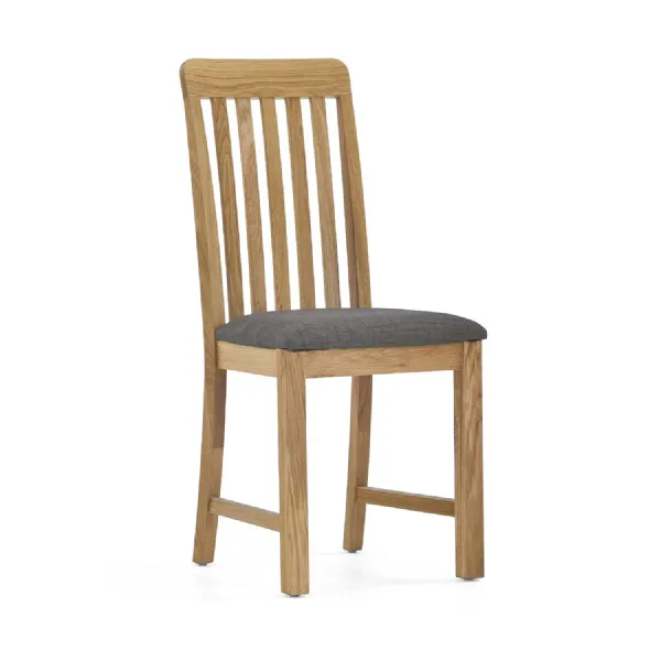 Lacquered Oak Slat Back Dining Chair Grey Fabric Seat