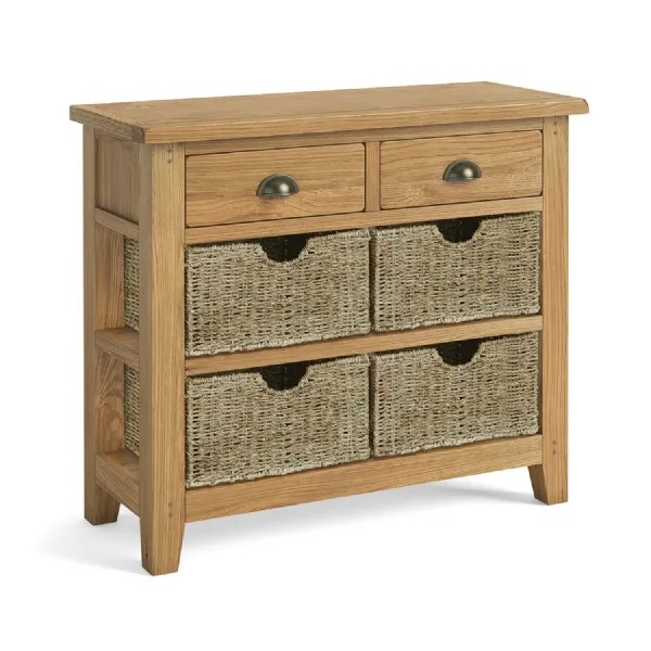 Rustic Oak 2 Drawer Console Table with 4 Baskets