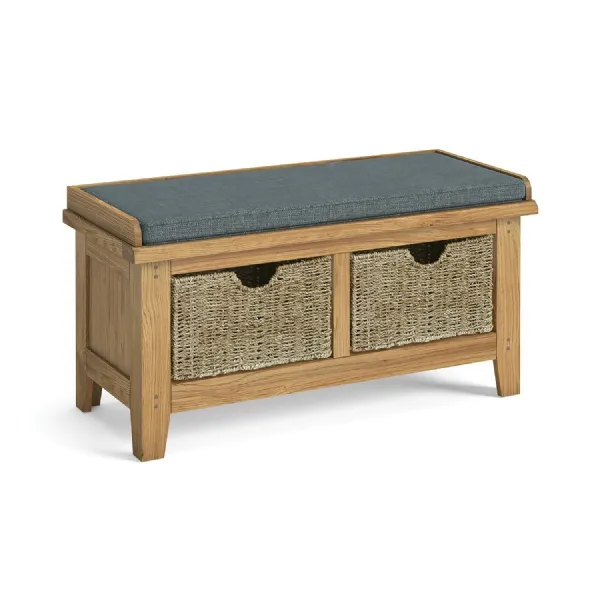 Rustic Oak Hallway Bench with Cushion Seat and 2 Baskets