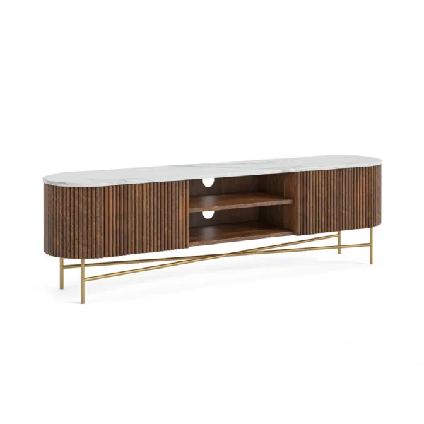 White Marble Top Dark Wood 2 Door Extra Wide TV Media Stand