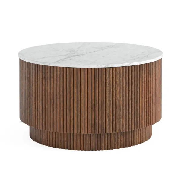 Dark Mango Wood Round Ribbed Coffee Table Marble Top