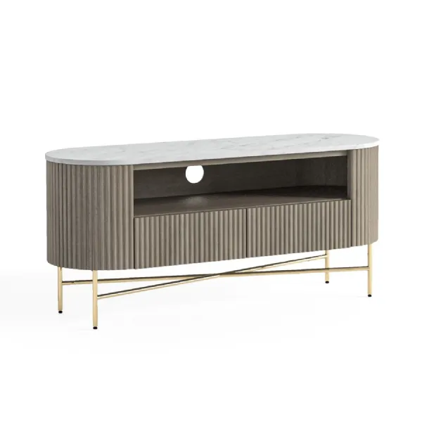 Grey Wood 2 Drawer Small Ribbed TV Media Stand Marble Top