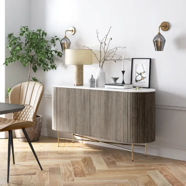 White Marble Top Fluted Wood 2 Door Large Sideboard
