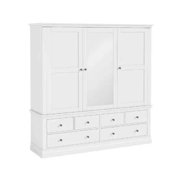 White Wood 3 Door 6 Drawer Large Triple Combi Wardrobe