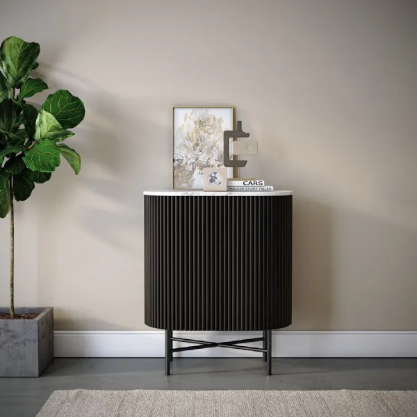 Charcoal Mango Wood 2 Door Ribbed Mini Sideboard Marble Top