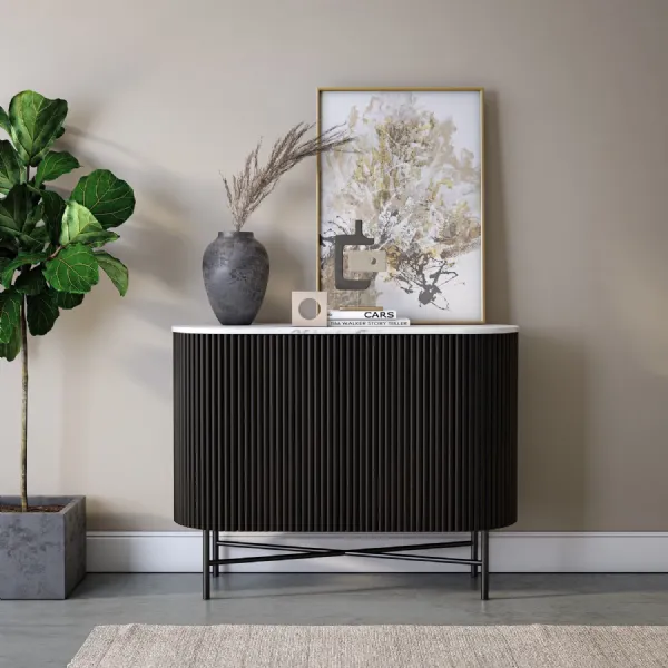 Charcoal Mango Wood 2 Door Ribbed Small Sideboard Marble Top