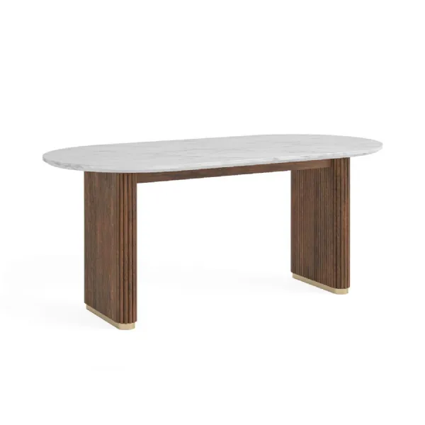 Natural Marble Top 180cm Large Oval Dining Table Reeded Base