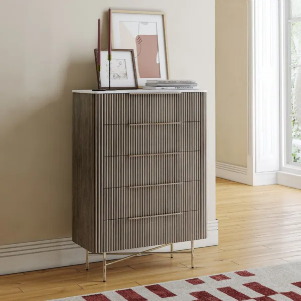 White Marble Top Mango Wood Chest of 5 Drawers Fluted Design