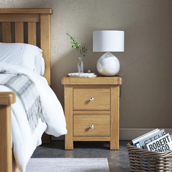 Oak 2 Drawer Small Bedside Table Curved Edges