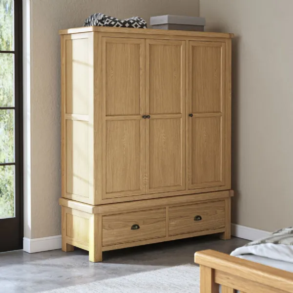 Natural Oak 3 Door 2 Drawer Large Tall Triple Wardrobe