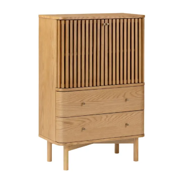 Natural Wood 2 Door 2 Drawer Tall Slatted Shoe Cabinet