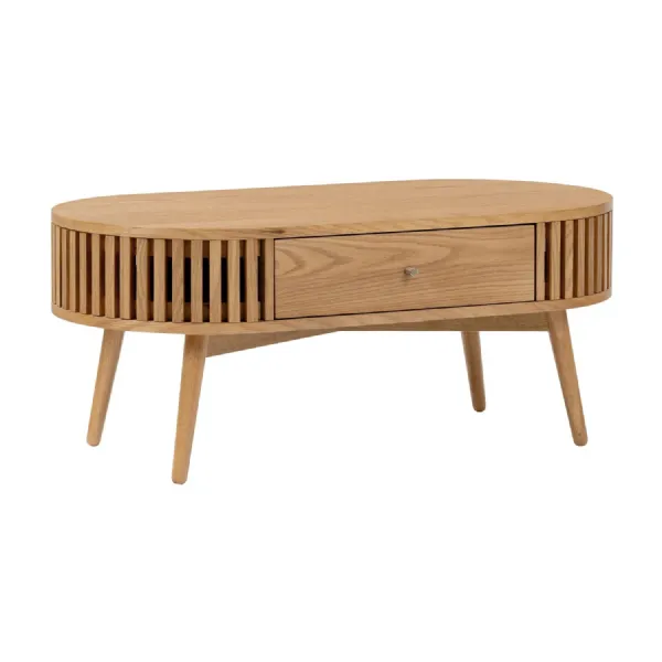 Oak 1 Drawer Oval Coffee Table Slatted Design