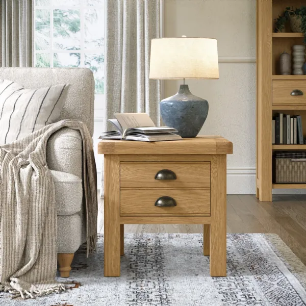 Oak 2 Drawer Small Lamp Table Cup Handles