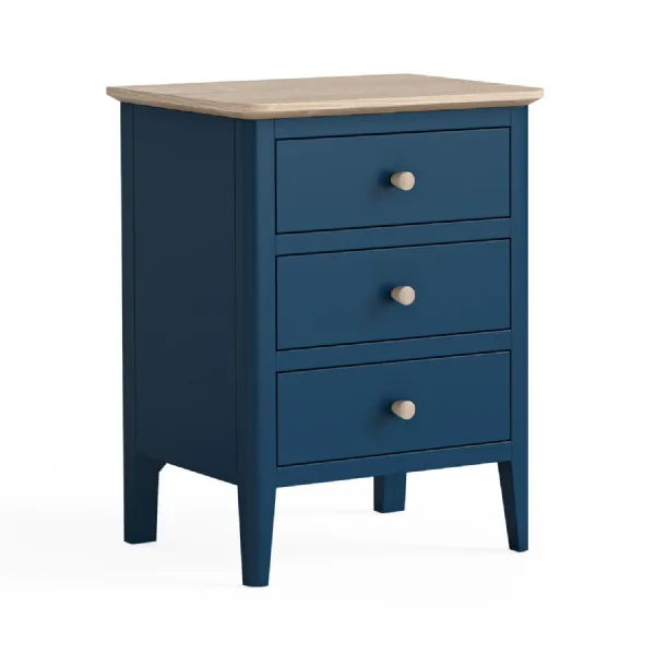 Navy Blue Wood 3 Drawer Bedside Table White Wash Oak Top