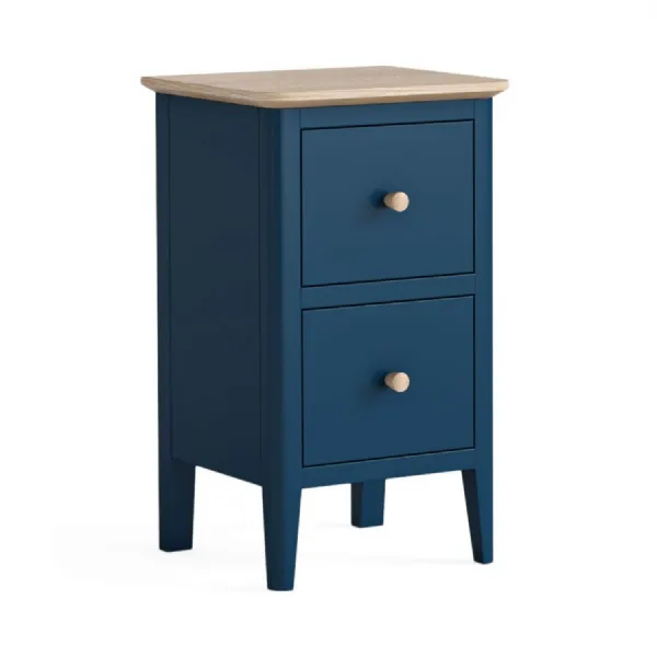 Navy Blue Wood 2 Drawer Narrow Bedside Table Oak Top