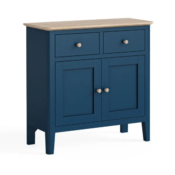 Navy Blue Wood 2 Door 2 Drawer Small Sideboard Oak Top