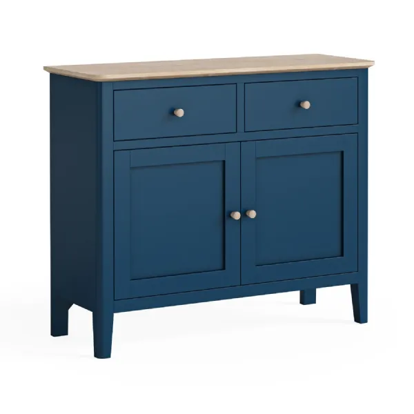 Navy Blue Wood 2 Door 2 Drawer Sideboard Oak Top