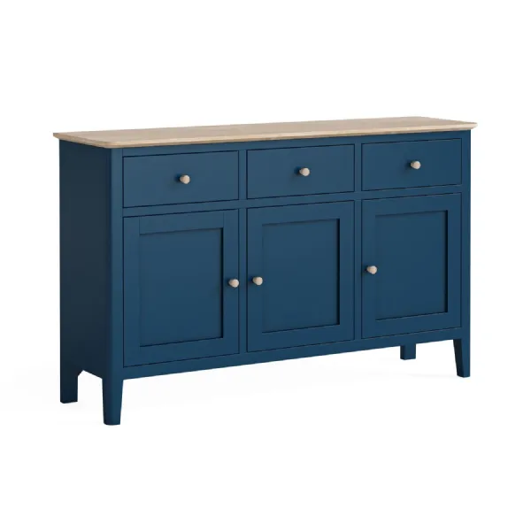 Navy Blue Wood 3 Door 3 Drawer Large Sideboard Oak Top