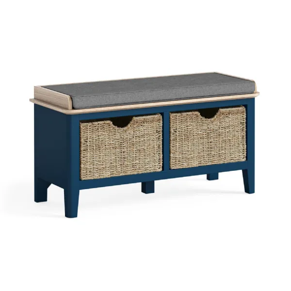 Navy Wood Storage Hallway Bench Oak Top and 2 Baskets