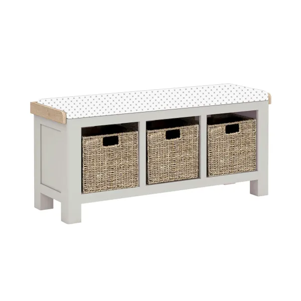 Grey Wood 3 Baskets Storage Bench Oak Top without Cushion