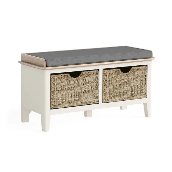 Coconut Milk Wood Storage Bench Oak Top with 2 Baskets