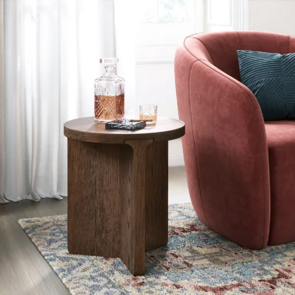 Sandblasted Dark Oak Round Side Table Geometric Base